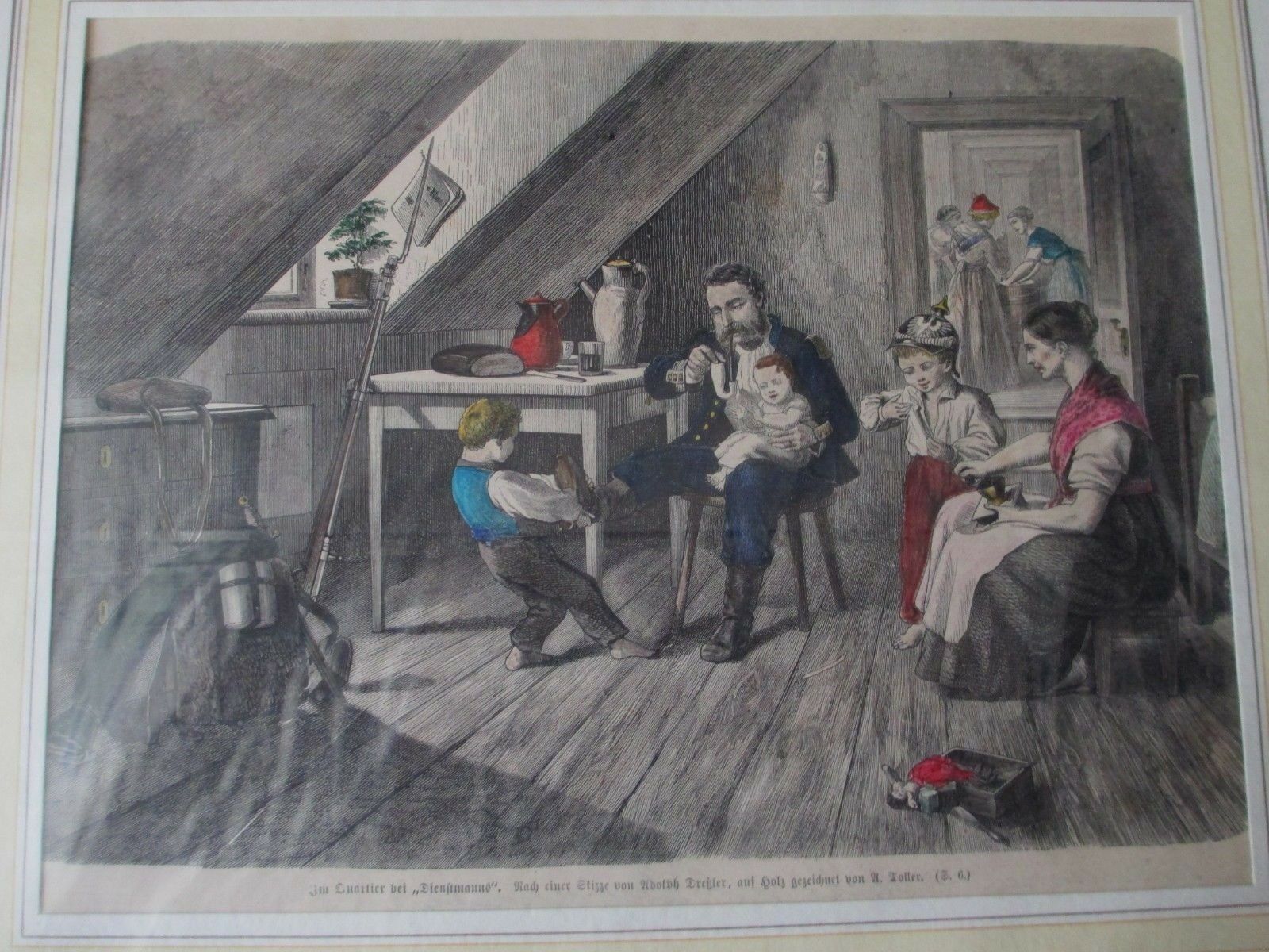 Lithographie Im Quartier bei Dienstmanns von Toller um 1870 1