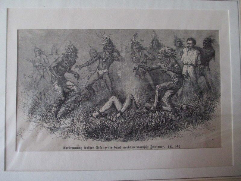 Lithographie um 1874 Verbrennung weißer gefangener durch Nordamerikanische (1)